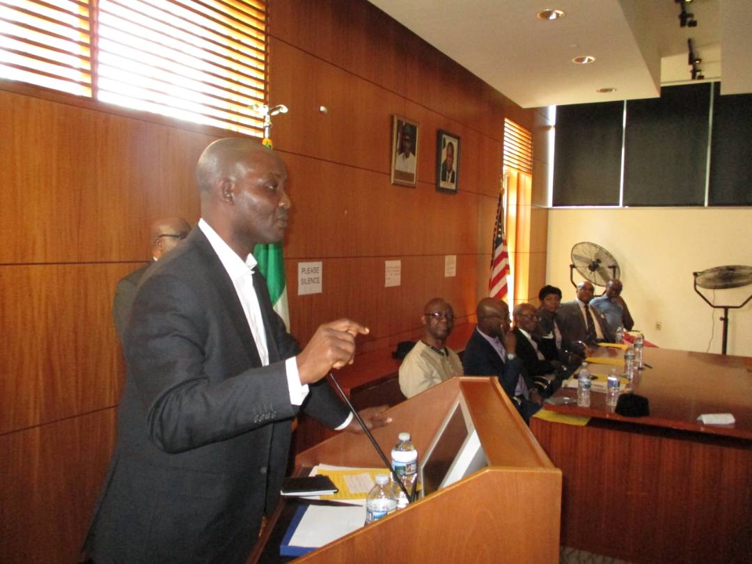 Sina Kawonise (SK) addressing Town Hall Meeting of Nigerians in Diaspora Organization (NIDO), USA District 2, at the Nigerian Embassy, Washington DC, Saturday, March 31, 2018. Across on the High Table are Nigeria’s Ambassador to the USA, Justice Sylvanus Nsofor, Chairman of NIDO Board of Directors, USA, Ms Patience Ndidi Key, among others.